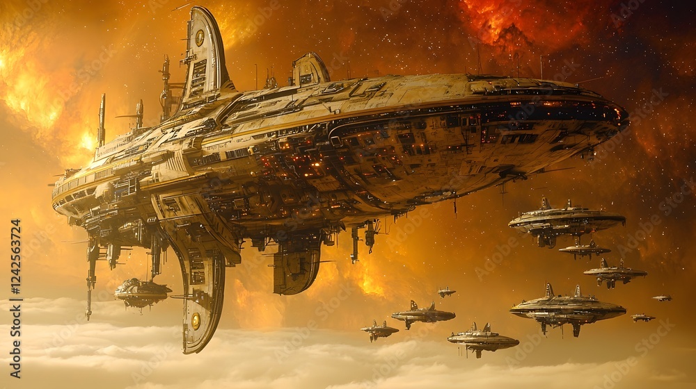 Poster a massive futuristic mothership is escorted by a fleet of small alien ufos through a dramatic cosmic