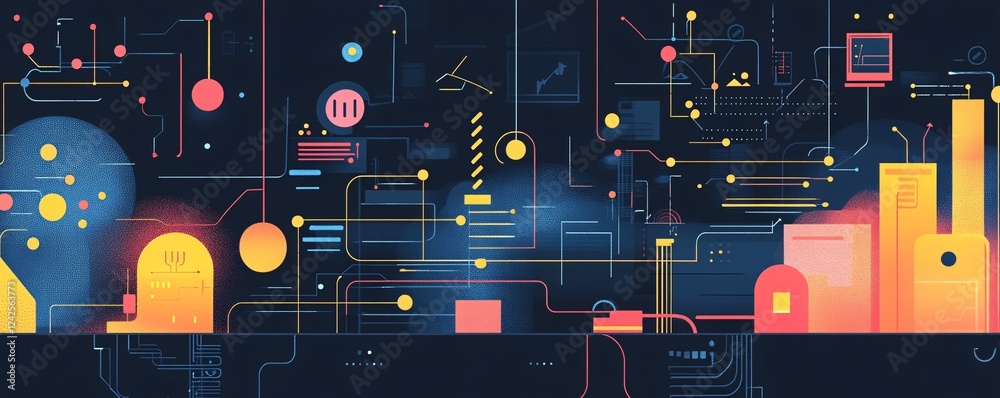 Fototapete Colorful shapes and lines on a dark background represent the interconnected nature of data and technology in an abstract network illustration