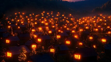 Fototapeta premium Illuminated Village at Night in the Hills