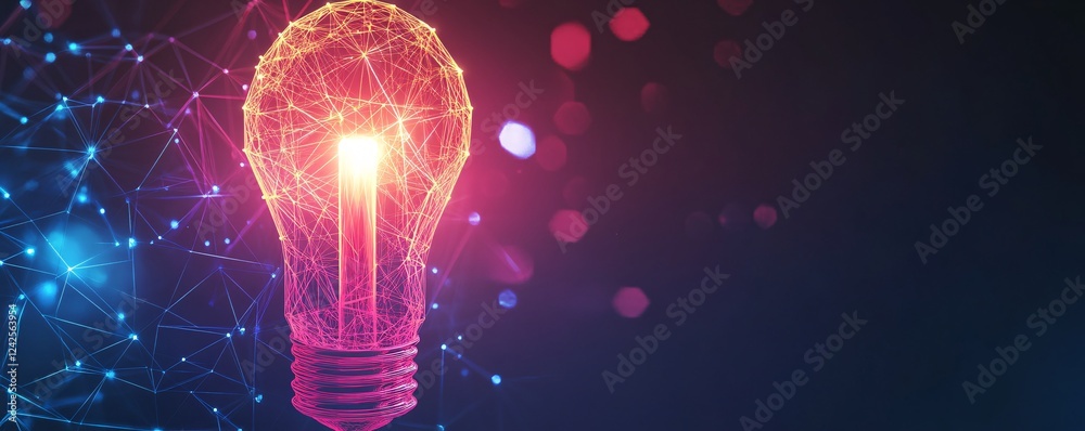 Poster Polygonal light bulb illuminates a dark digital backdrop with bokeh and network connections