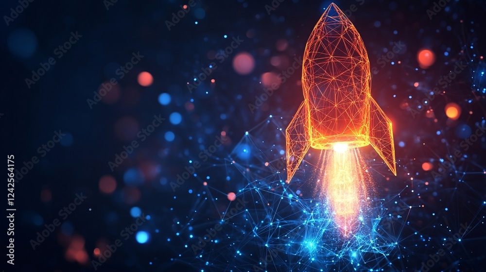 Aufkleber low poly rocket ship launches from a network connection against a blue and orange backdrop