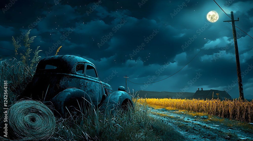 Poster Abandoned and overgrown field with peculiar crop circles and glowing mysterious lights illuminating the moody night sky  A captivating and enigmatic rural landscape scene