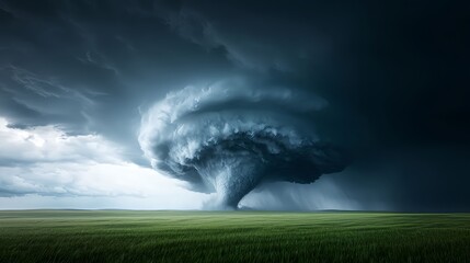 Imposing Dark Supercell Tornado over Green Field