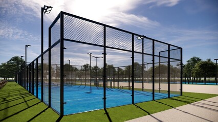 corner view of empty padel paddle tennis blue color court with glass structure
