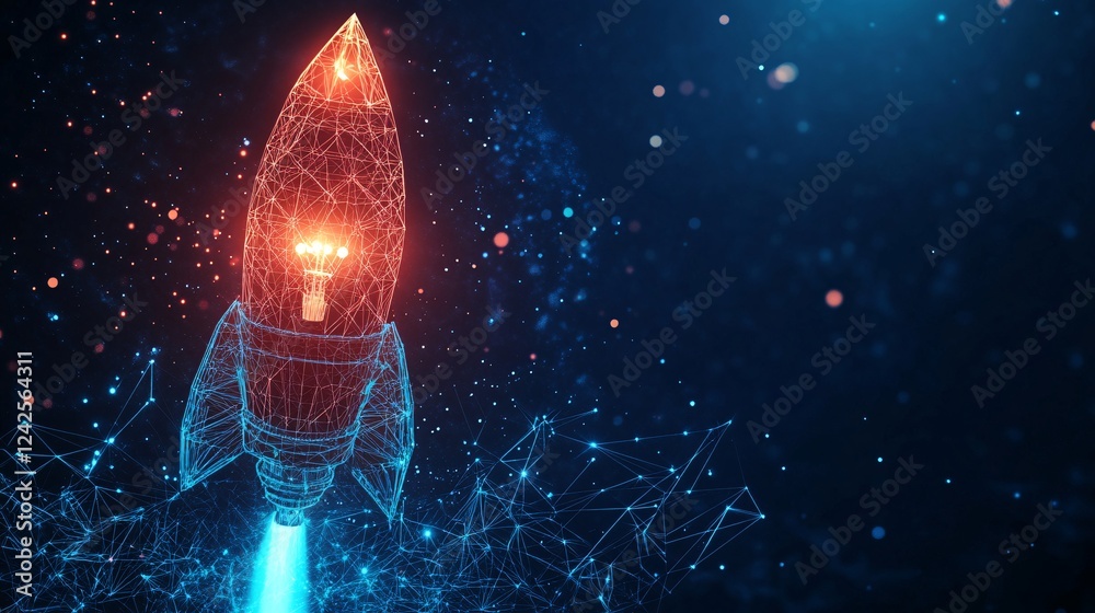 Aufkleber low poly rocket ship with a bright light bulb inside is launching from the earth, representing the p