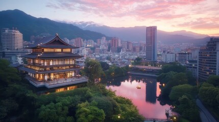 Obraz premium Serene Asian Temple Cityscape Sunset View