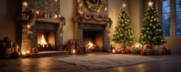 Fototapeta premium Winter fireplace with Christmas tree decorated with ornaments and lights, festive atmosphere, candlelight, holiday decor