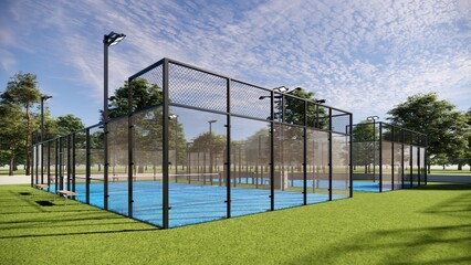 Outdoor photo of blue padel court with glass, floodlight and metal structure