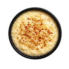 rice pudding with cinnamon in a bowl top view isolated on transparent white background, clipping