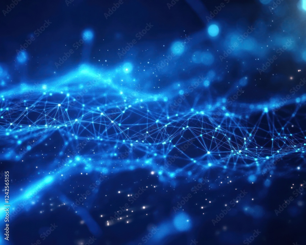 Poster glowing network of connected nodes and lines in dark blue space background for tech or science visua
