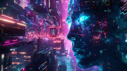 Futuristic collage with digital elements, neon lights, and sci-fi themes