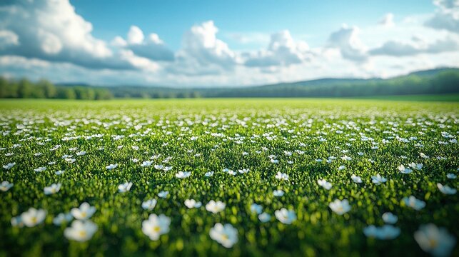White wildflowers blooming in a green field under a cloudy sky - Powered by Adobe