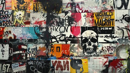 Fototapeta premium Grunge collage with urban textures, graffiti, and rebellious icons