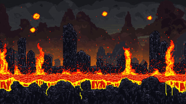 A pixel art lava level with glowing red-orange ground, black stone platforms, floating pixelated fireballs, dark ominous sky and  8-bit Retro game style, fire lava pixel art, Pixel Art Background