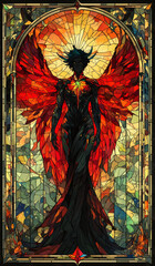 Stained glass depiction of a winged fantasy figure with vibrant red and gold accents