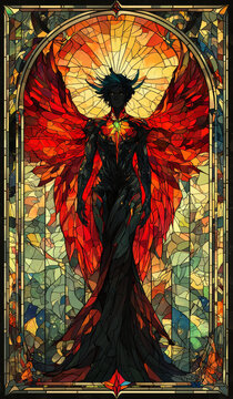 Stained glass depiction of a winged fantasy figure with vibrant red and gold accents