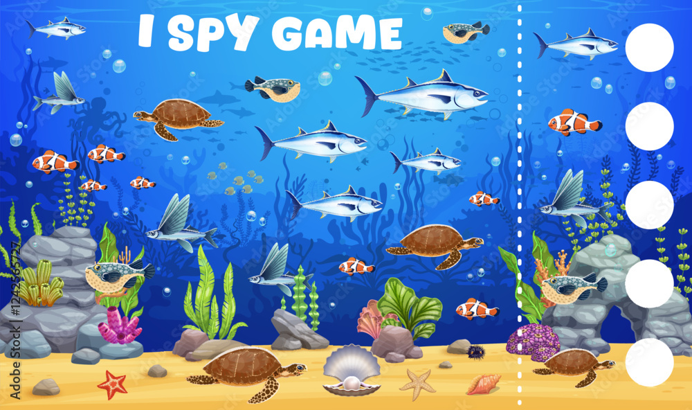 Aufkleber i spy game worksheet with underwater sea animals. object finding vector puzzle with underwater natur