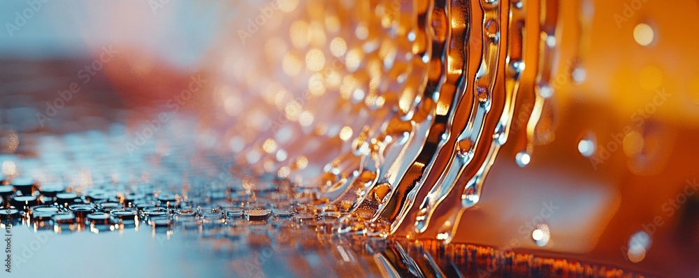 Poster organic liquid flows and reflects on a circuit board against a vibrant backdrop