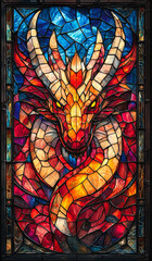 Stained glass window featuring a fiery dragon with glowing eyes and intricate details