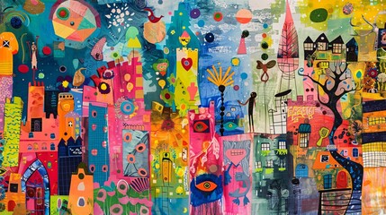 Whimsical collage with playful illustrations, bright colors, and children's themes