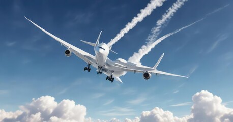 Obraz premium White commercial airliner with long vapor trail in beautiful sky, summer, beautiful, long