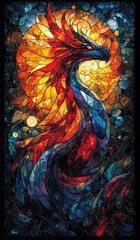 Stained glass phoenix with radiant fiery colors and celestial background