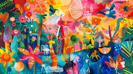 Whimsical collage with playful illustrations, bright colors, and children's themes