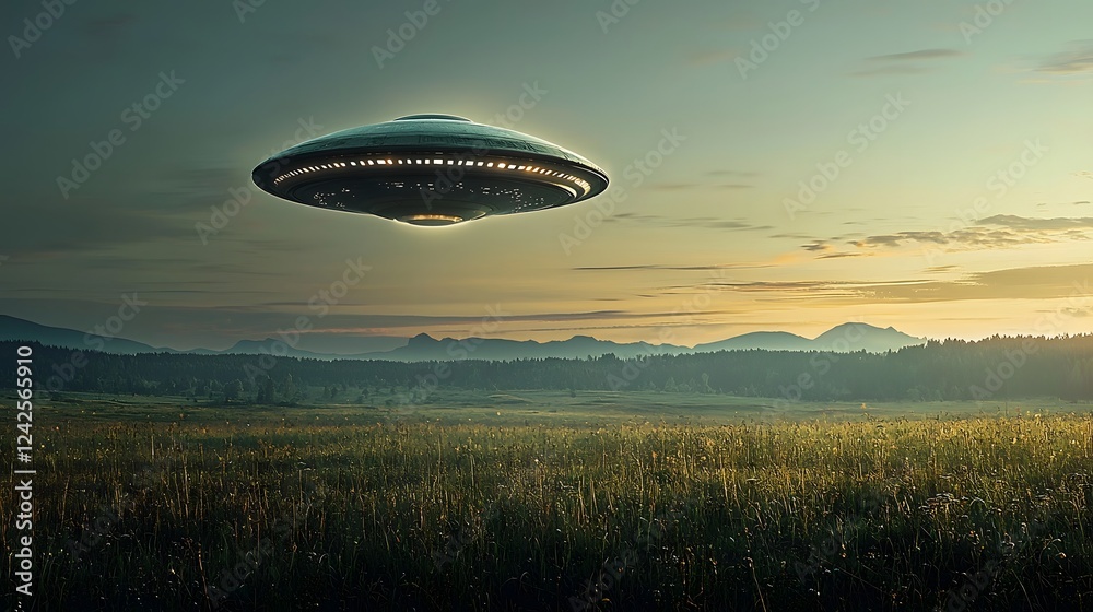 Aufkleber Blurred image of a rapidly moving alien spacecraft or unidentified flying object UFO crossing the twilight sky over a serene rural landscape of fields and hills  The futuristic craft has an ethereal