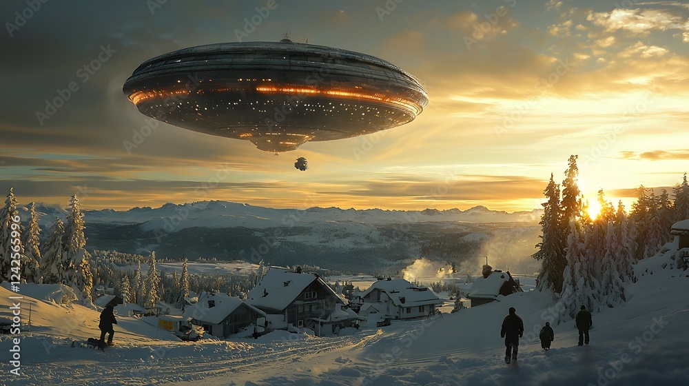 Aufkleber bright unidentified object or craft hovering silently above a serene snow covered landscape casting 