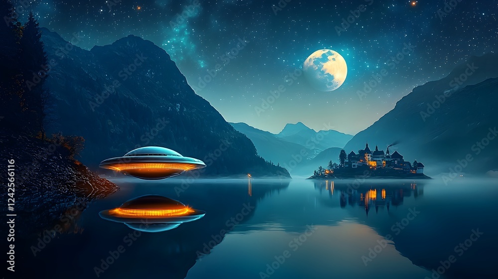 Aufkleber captivating scene of a glowing futuristic flying saucer reflected on the still surface of a tranquil