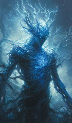 Electric blue elemental being with glowing veins in a mystical forest