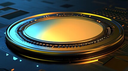 Futuristic empty platform glowing on a circuit board with blue and orange light