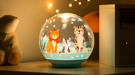 Small globe lamp for children's room with animal cartoons Cute cartoons on lamp globe for children Emitting a soft white light it creates a cozy atmosphere perfect for bedtime stories