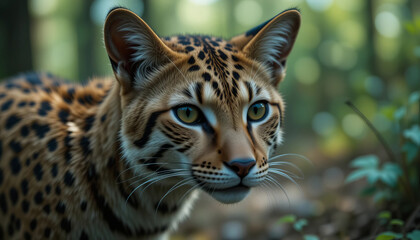 close up of wild cat with distinctive spots, showcasing its intense gaze and lush forest background