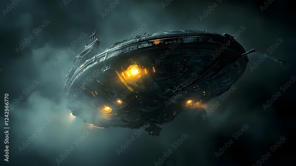 Aufkleber Cinematic scene depicting a glowing futuristic alien spacecraft hovering in a dark misty environment creating a sense of mystery and wonder about the nature of the extraterrestrial encounter