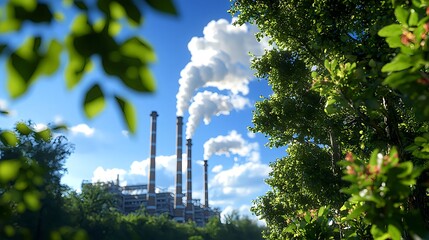 Obraz premium Industrial Smokestacks Amidst Lush Greenery