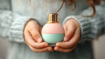 Close up image of a child s small delicate hands gently holding a pastel colored glass perfume bottle capturing a moment of tenderness care and appreciation for personal grooming and beauty