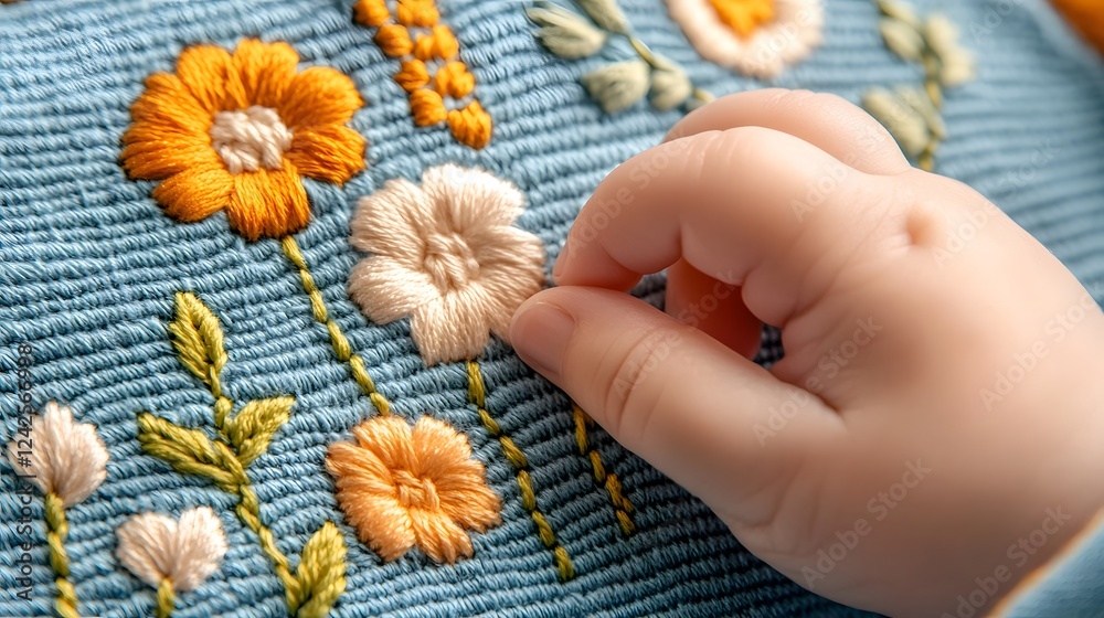 Poster Close up of a person s hand gently touching and exploring the intricate floral embroidery pattern on a soft delicate textile material  The intimate