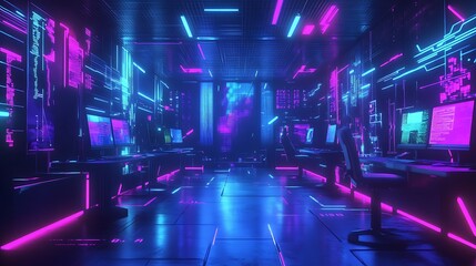Futuristic Gaming Room with Neon Lights and Computer Monitors