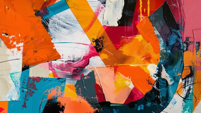 Abstract collage with bold brushstrokes, dynamic shapes, and vivid colors