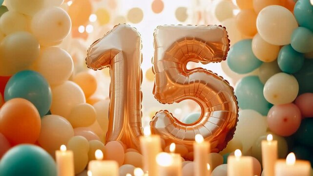 A Festive 15th Birthday Celebration with Colorful Balloons, Sparkling Lights, and Elegant Candles Creating a Magical Atmosphere for a Young Teen's Special Day