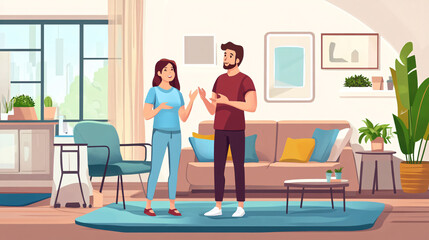 An adult couple enjoying a conversation while tidying their clean living room and completing household chores.