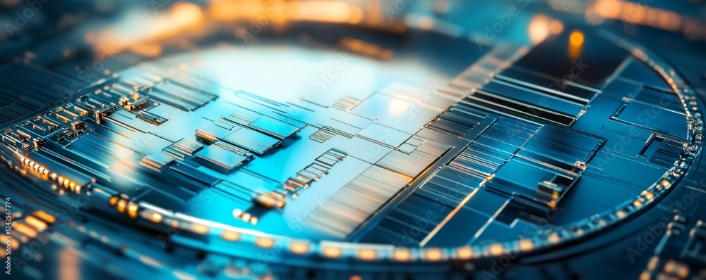 Fototapete Close-up view of a futuristic quantum computer chip with glowing circuits, processing vast amounts of data