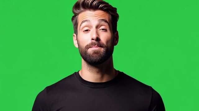 Doubtful Look: A man with a beard and styled hair gives a dubious expression, questioning something with a raised eyebrow and a slight smirk.