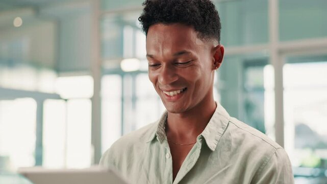 Tablet, happy and businessman in office with research for company event planning with budget. Digital technology, browsing and project coordinator reading online finance report for corporate occasion
