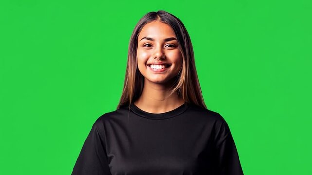 Smiling Woman Green Screen: A young woman with long brown hair smiles brightly against a vibrant green screen, offering versatility for various graphic design and video editing projects.
