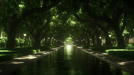 Serene Canal Pathway Under Lush Green Canopy