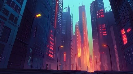 Obraz premium A City Street with Tall Buildings Glowing with Warm Light