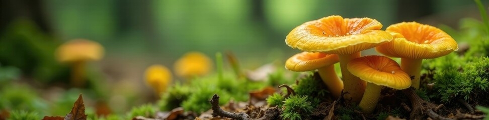 Chanterelle mushrooms growing in a forest floor, golden, fungi