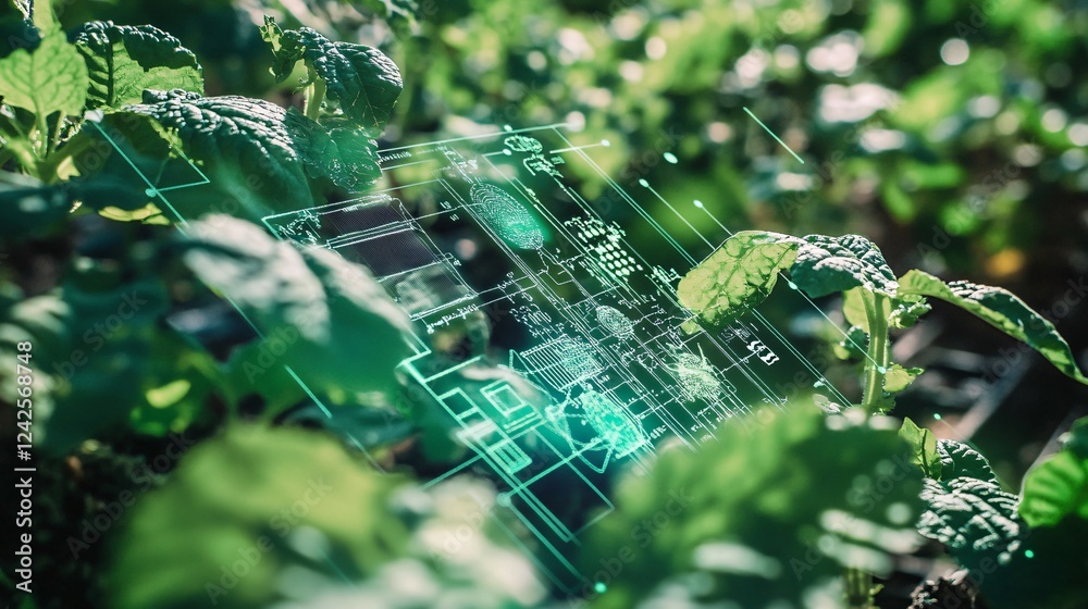 Aufkleber smart agriculture technology monitoring system analyzing growing green plants in a farm using artifi